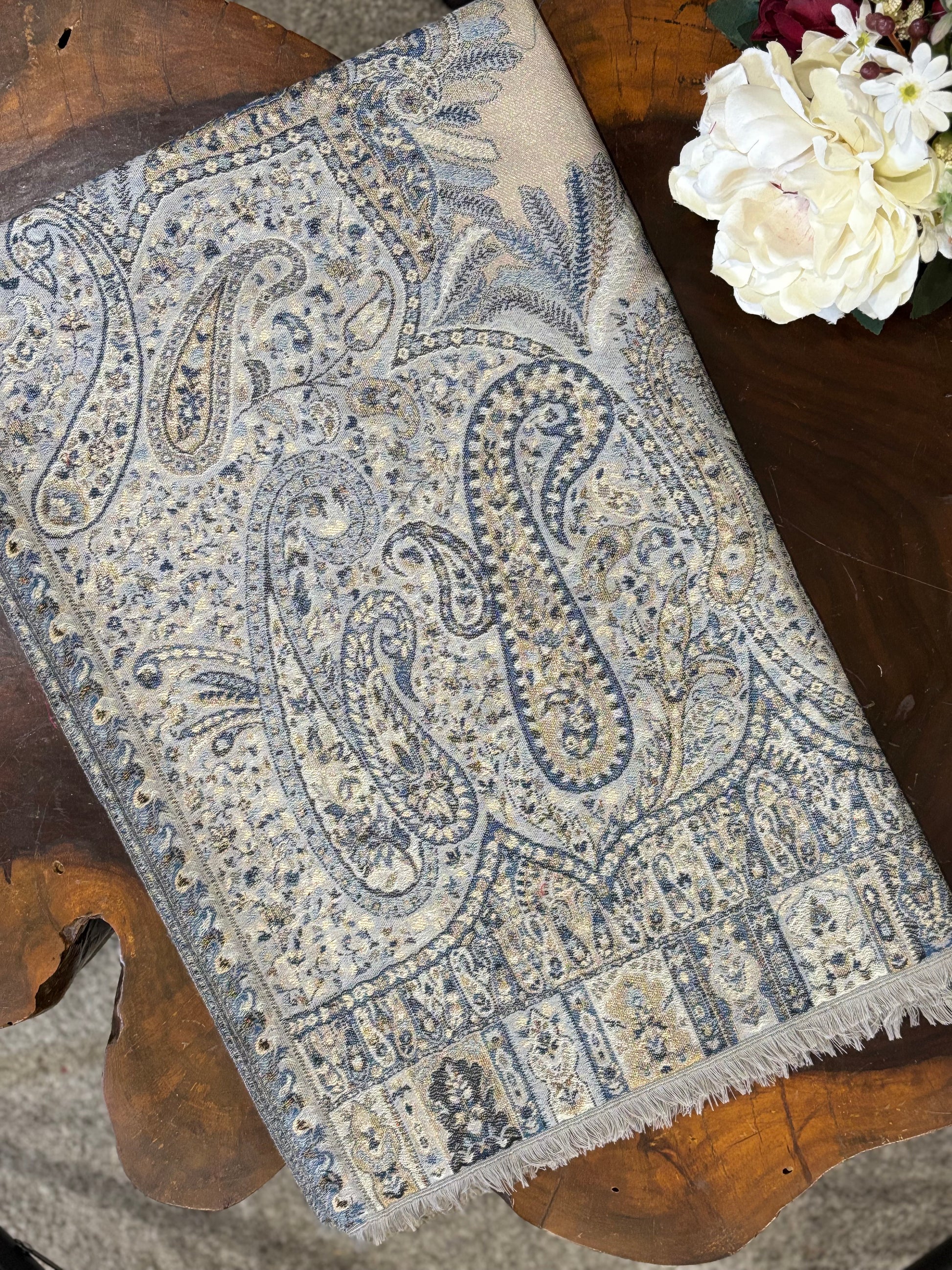 Grey Zari Woven Paisley Design Wool Shawl
