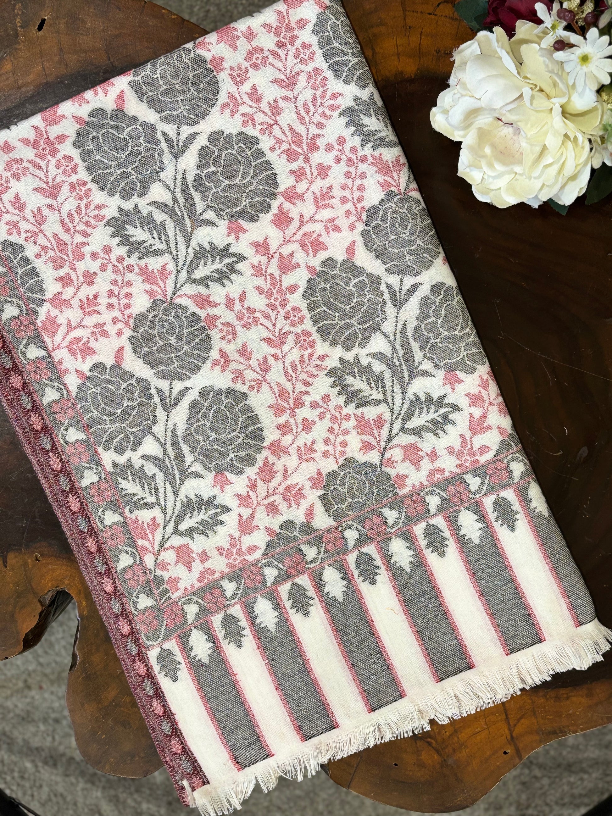 White Woven Floral Design Wool Feel Shawl