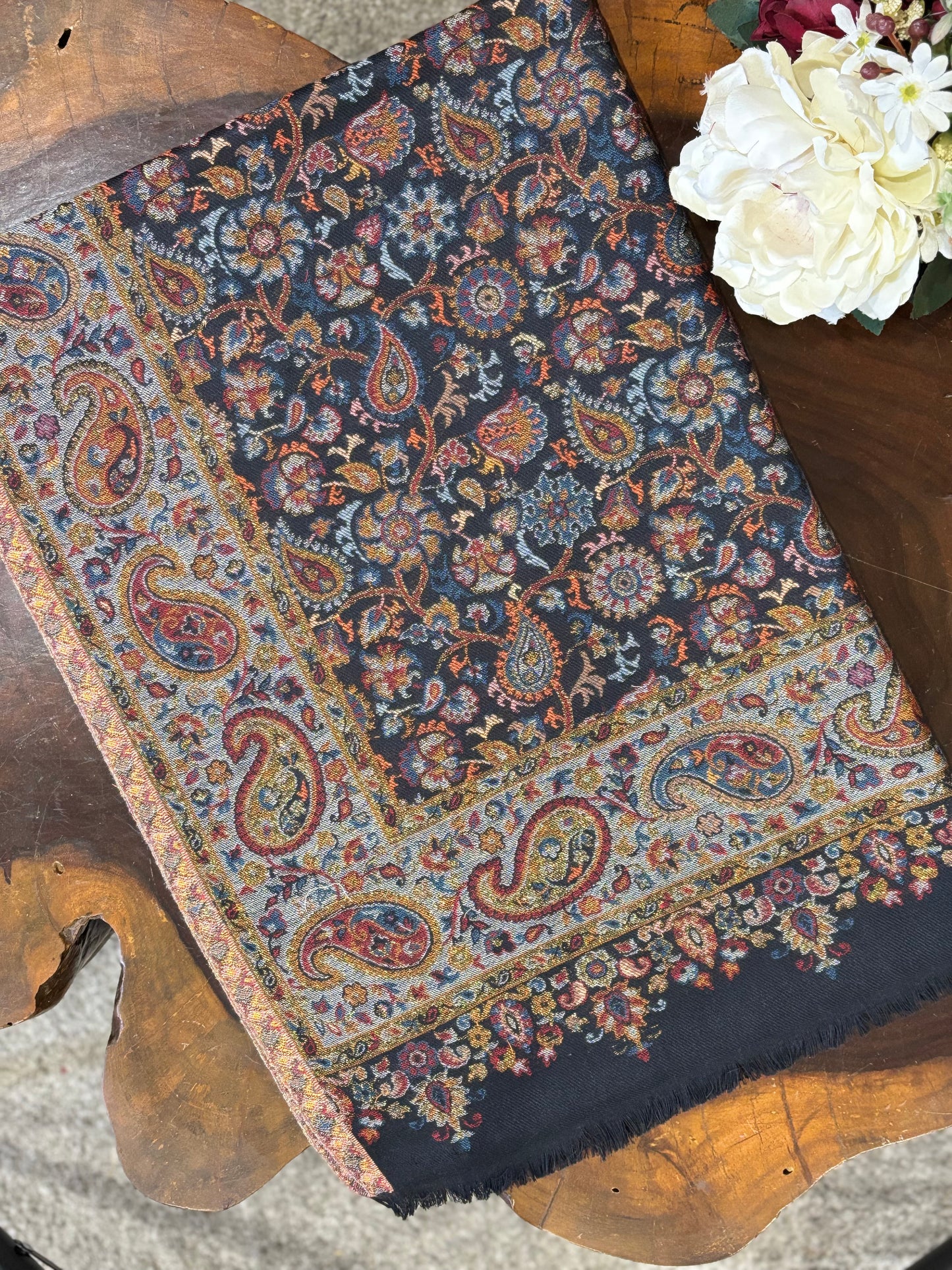 Black woven floral design kashmiri kaani wool stole for weddings and gifting – Tehlore