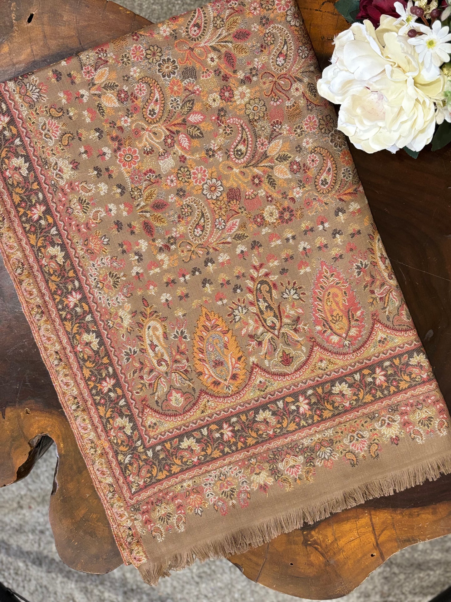 Beige floral woollen
designer stole for weddings and gifting – Tehlore