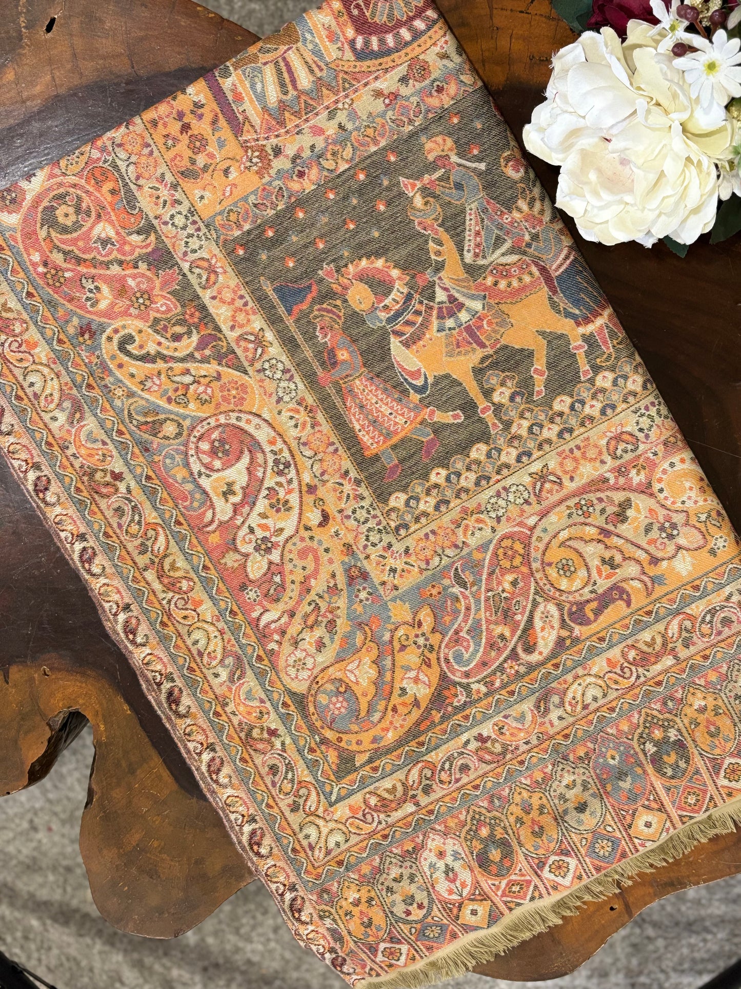 Beige Woven Kashmiri Kaani Design Wool Blend Designer Shawl for weddings and gifting – Tehlore